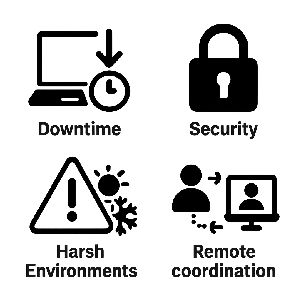 Icon grid with 4 pain points  Downtime Security Harsh Environments Remote Coordination